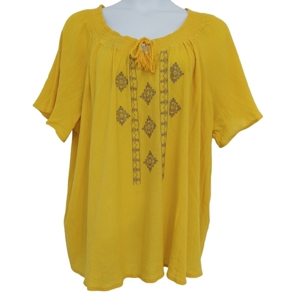 Catherines 100% Cotton Yellow Embroidered Tassel Crinkle Gauze Blouse Boho